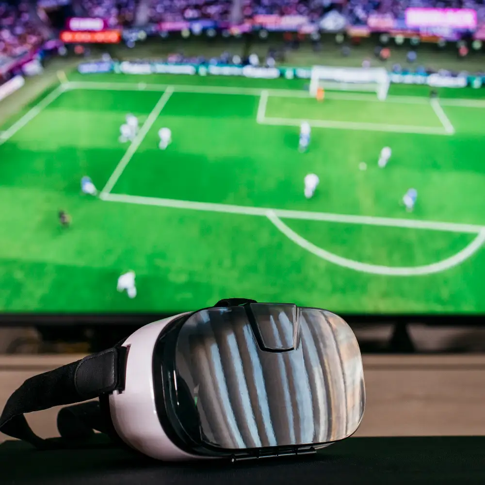 Illustration einer Fantasy-Manager-Arena mit Fußball und Statistiken